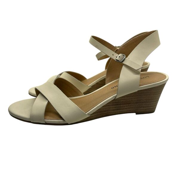 Lucky Brand 10 M Shoes Low Wedge Heel Sandals Leather Ivory Heels - Picture 2 of 11